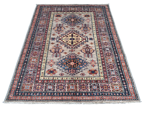 3x5 Gray Kazak Afghan Hand Knotted Geometric Wool Area Rug